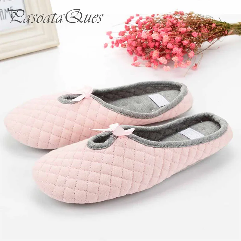 

Cute Bowtie Winter Women Home Slippers For Indoor Bedroom House Soft Bottom Cotton Warm Shoes Adult Guests Flats Christmas Gift