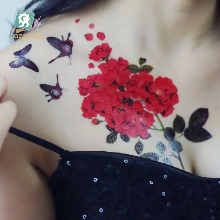 Rocooart Large Flower Decal 1pc Fake Women Men DIY Henna Body Art Tattoo Design Butterfly Vivid Temporary Tattoo Sticker Flash