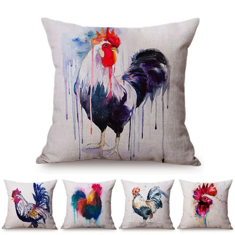 Nordic Watercolor Rooster Home Decorative Sofa Cushion Cover Vintage Farm Animals Ink Painting Cotton Linen Throw Pillow Cover