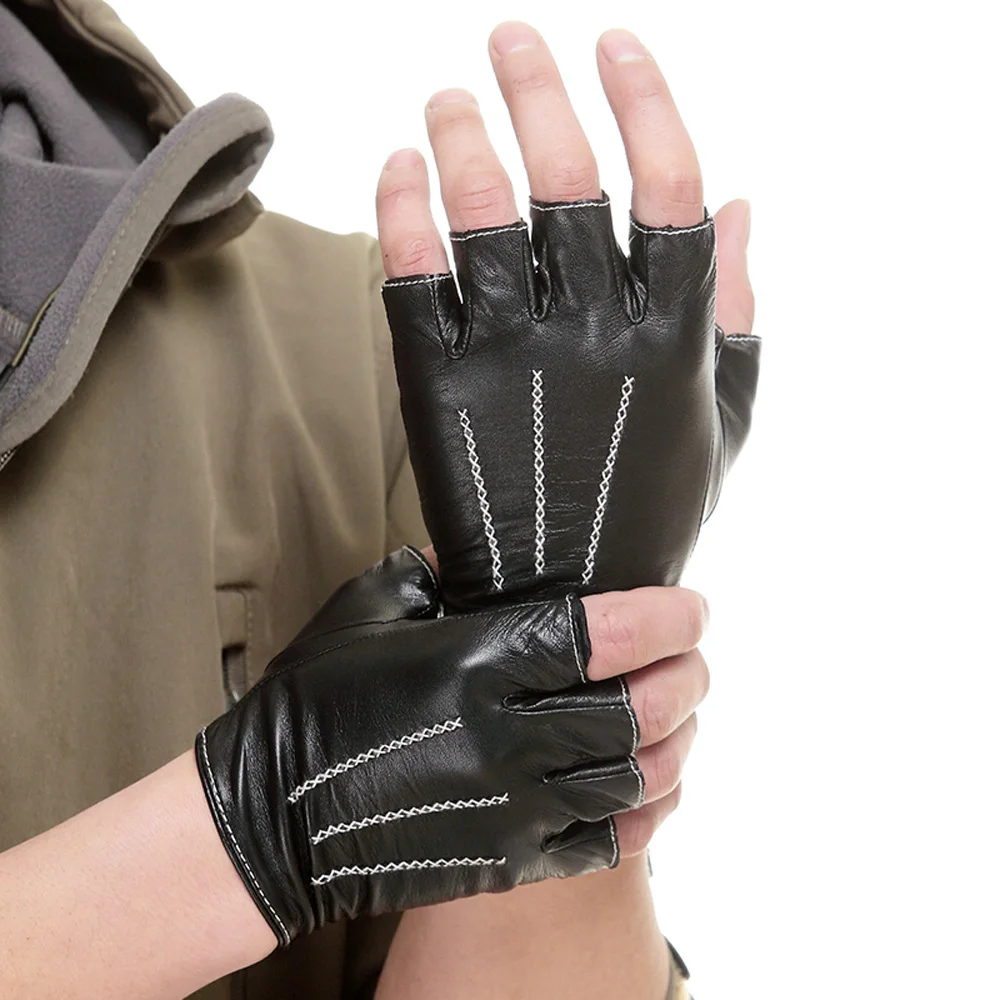 Men Driving Gloves, Leather Gloves Nappa Leather Half Finger Fingerless Gloves Sheepskin Gloves 3 lines Free Shipping