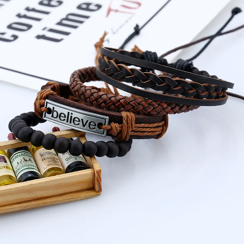 4pcs/ Set Black Believe Bracelets for Men Bangle Adjustable Length Bohemia Holiday Male Jewelry Punk