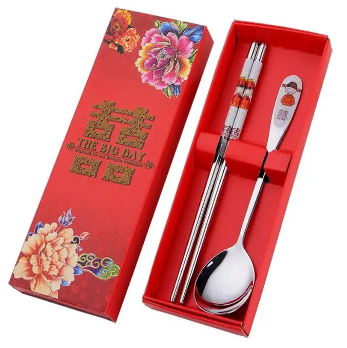 200sets Double Happiness Dinnerware Spoons Chopstick Sets in Gift Boxes Wedding Gift Party Favors SN560