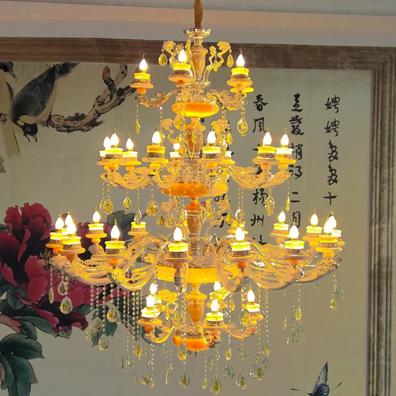 Zinc Alloy Jade Luxury Crystal Chandelier Compound Building Stairs Long Chandeliers Hotel Sales Center Modern LED Crystal Lights