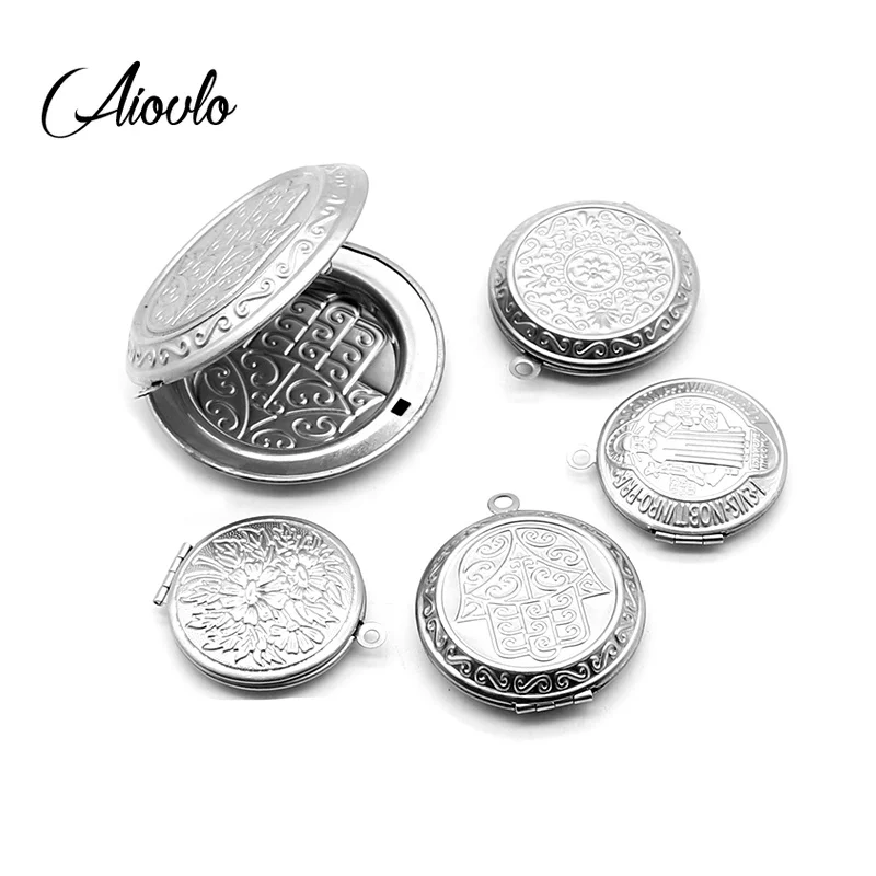 Stainless Steel Carved Designs Round Photo Frame Pendant Necklace Charms Locket Necklaces Women Men Jewelry Making Supplies