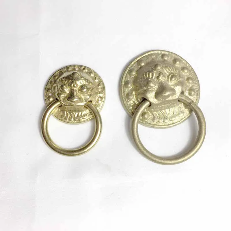 

1pcs door handle antique small lion head vintage brass cabinet handle round ring pull handle