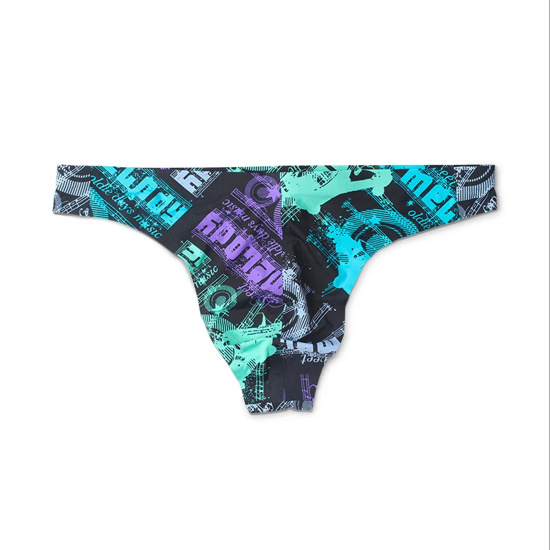 Ice Silk Seamless Sissy Men Thongs and G Strings Sexy Print Men Penis Pouch Bikini Underwear Male Panties Cueca Plus Size M-XXL