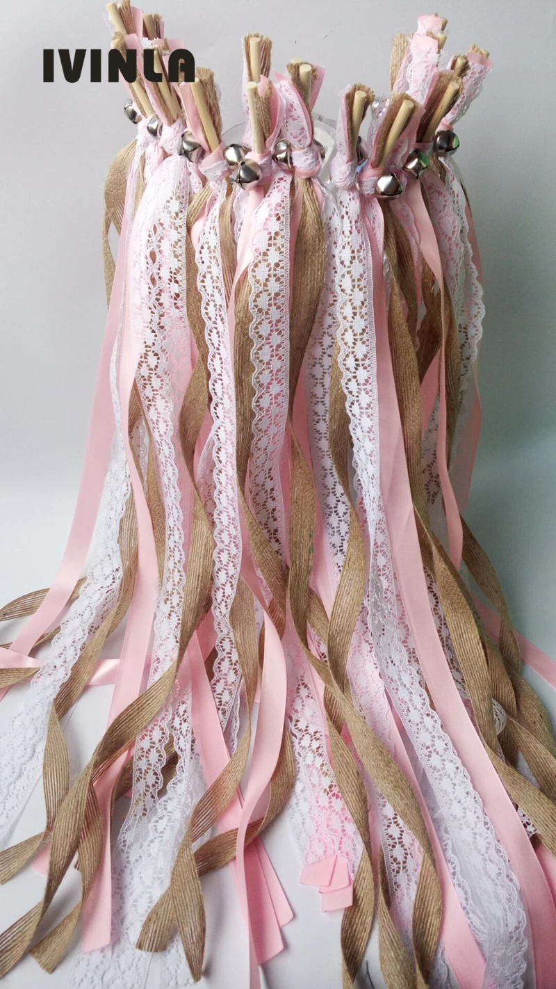 Hot selling-50pcs/lot jute burlap pink wedding Ribbon Wands Wedding Confetti Stream Ribbon Sticks with big sliver bell