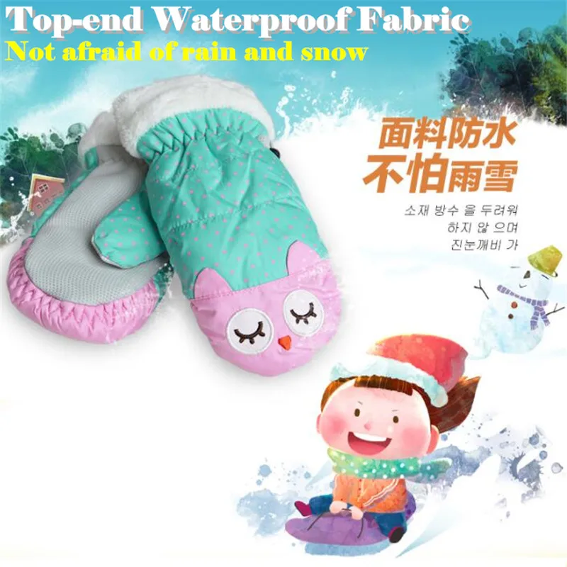 Luvas de esqui de veludo infantil, luvas quentes, antiderrapantes, impermeáveis, fofas, desenhos animados, para crianças de 3 a 12 anos, inverno, 2x