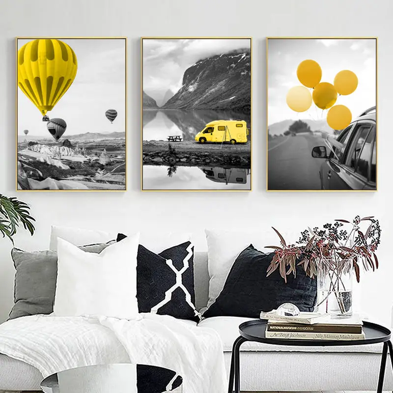 Black and White Landscape Picture Home Decor Nordic Canvas Painting Yellow Balloon Print Living Room Bedroom Wall Art Painting