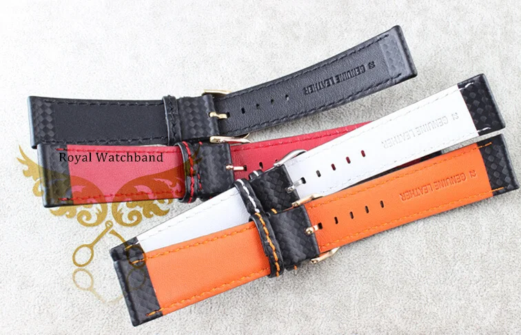 New Arrival!!! 22 Watch Band Waterproof Carbon Fibre Watch Strap with Orange Stitching Leather Lining Stainless Steel Clasp