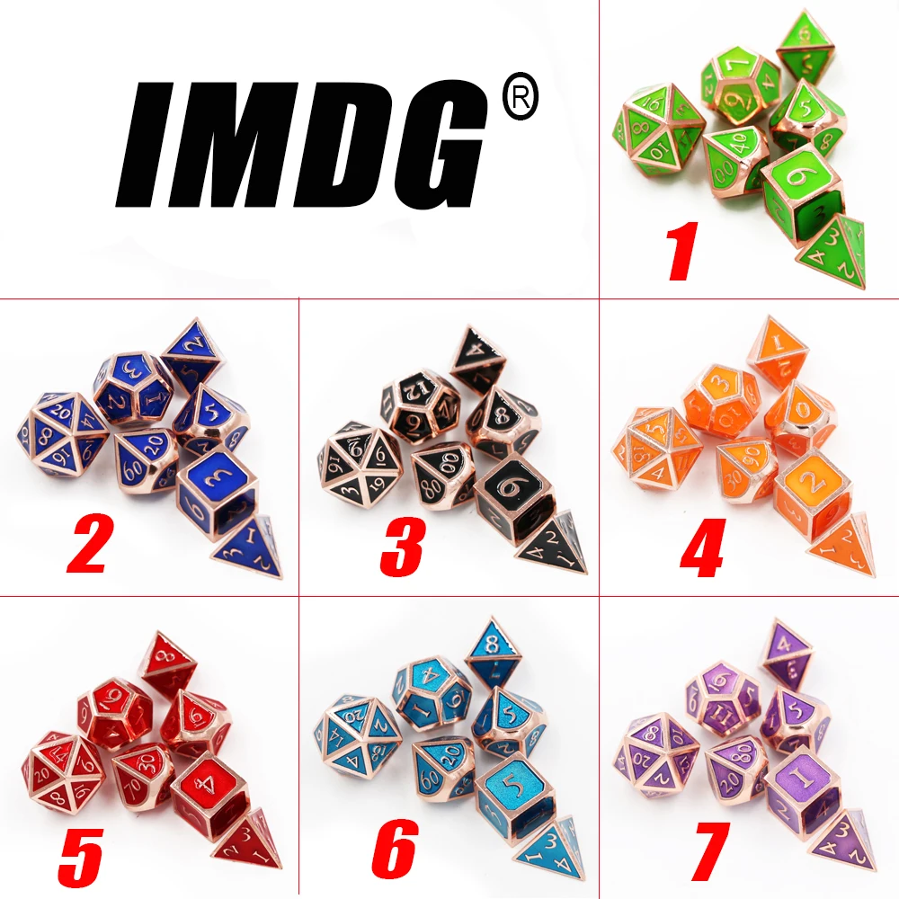 IMDG 7pcs/set Creative RPG Game Dice Polyhedron Metal Dice DND New Enamel Red Copper Digital Game Dice