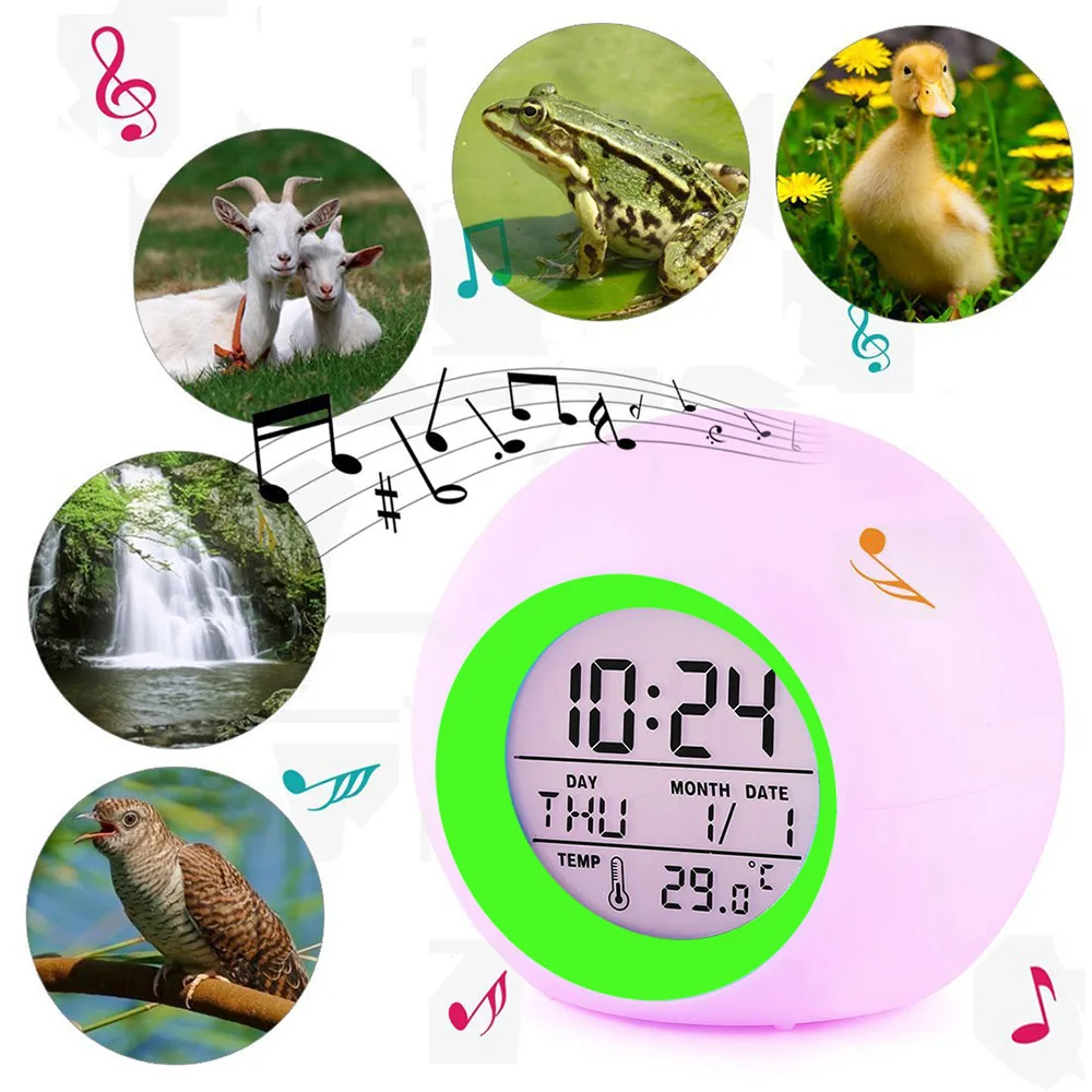 Color Changing LED Light Digital Alarm Clocks Touch Control Kids Children Wake Up Alarm Clock Thermometer Nature Music Gifts