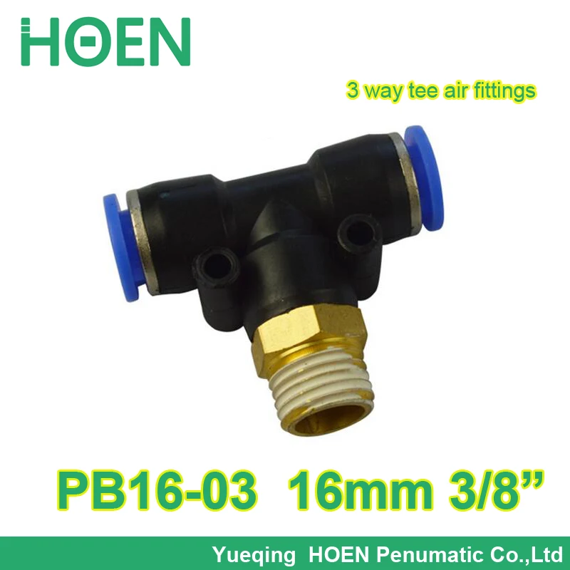 

100 шт./лот, резьба 16 мм, 3/8 дюйма, 3-ходовой пневматический фитинг PB16-03, вставной в одно касание, быстродействующий тройник для труб, быстроразъемный фитинг