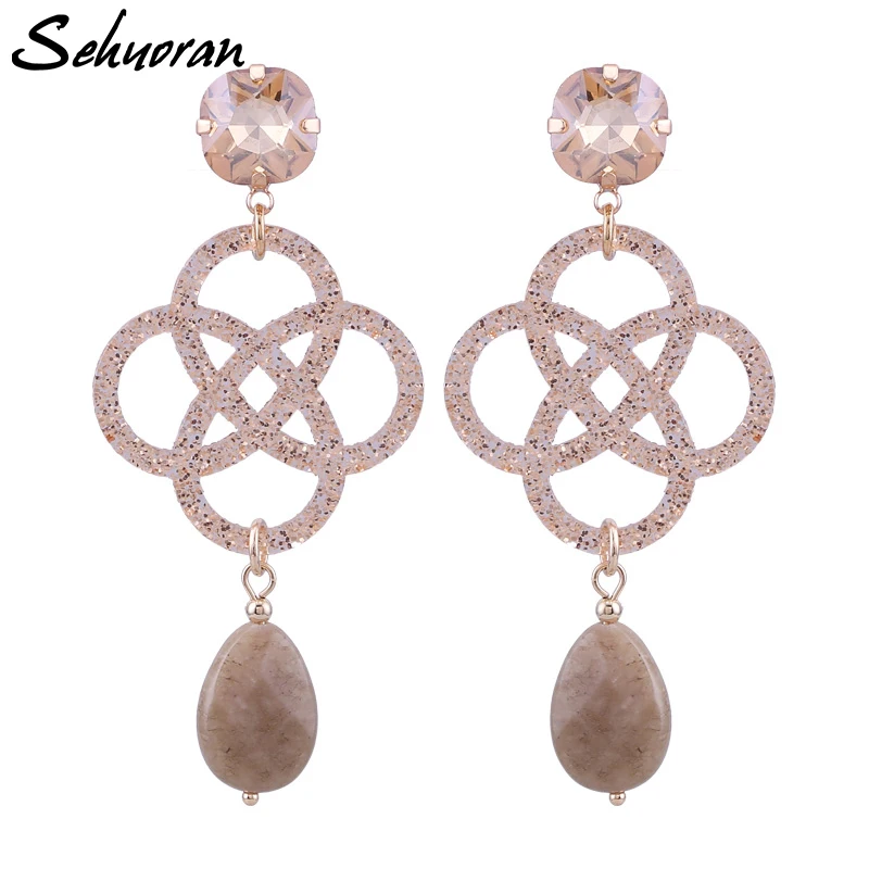 Sehuoran Flower Resin Shell Drop Earrings For Woman Water Drip Natural Stone Crystal Earrings Pendients Oorbellen Gifts