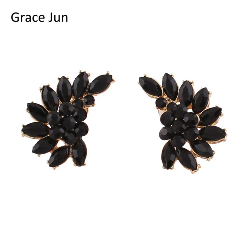 Grace Jun New Vintage Black Crystal Wing Shape Clip on Earrings No Pierced for Women Party Wedding Ear Clip Christmas Gift