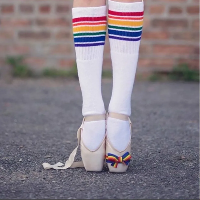 Rainbow Kids Knee High Socks Cotton Long Student School Socks Girls Boys Striped Socks White Family Sox Thick Children Footwear