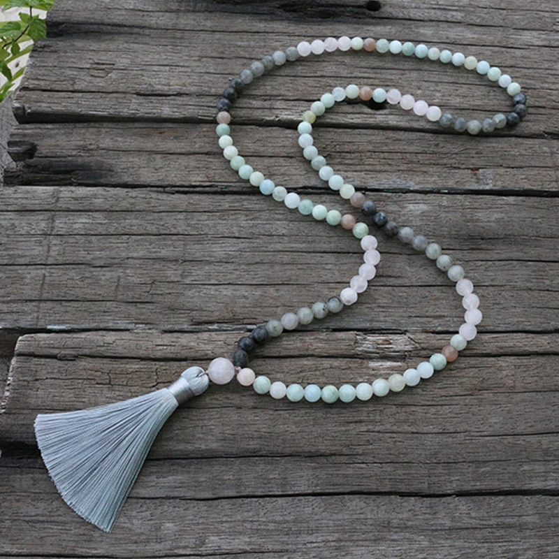 100% 8mm Natural Stone Beads,Labradorite,Aquamarine,Rose Quartz, JaPaMala Sets,Yoga,Spiritual Jewelry,Meditation, 108 Mala Beads