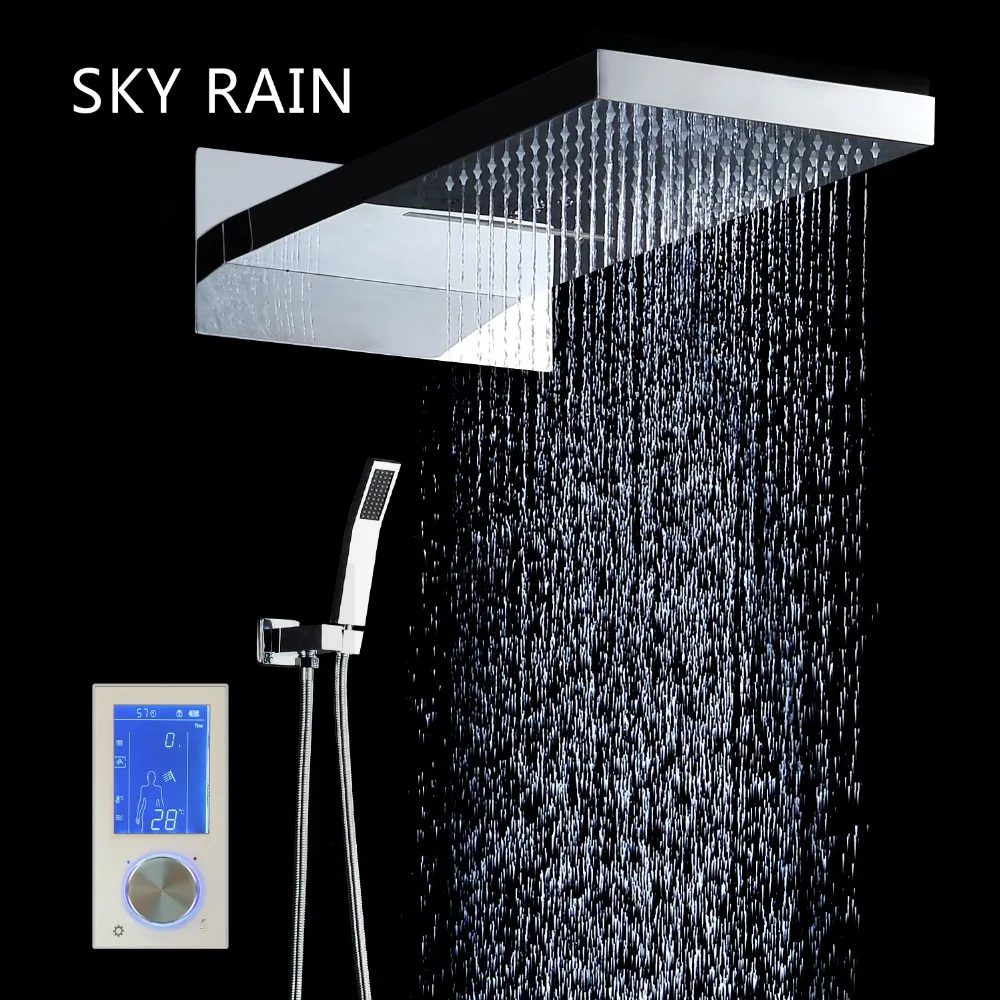 Bathroom Wall Mounted Rain Waterfall 22inch Shower Head Smart Thermostatic Screen Valve Mixer Faucet