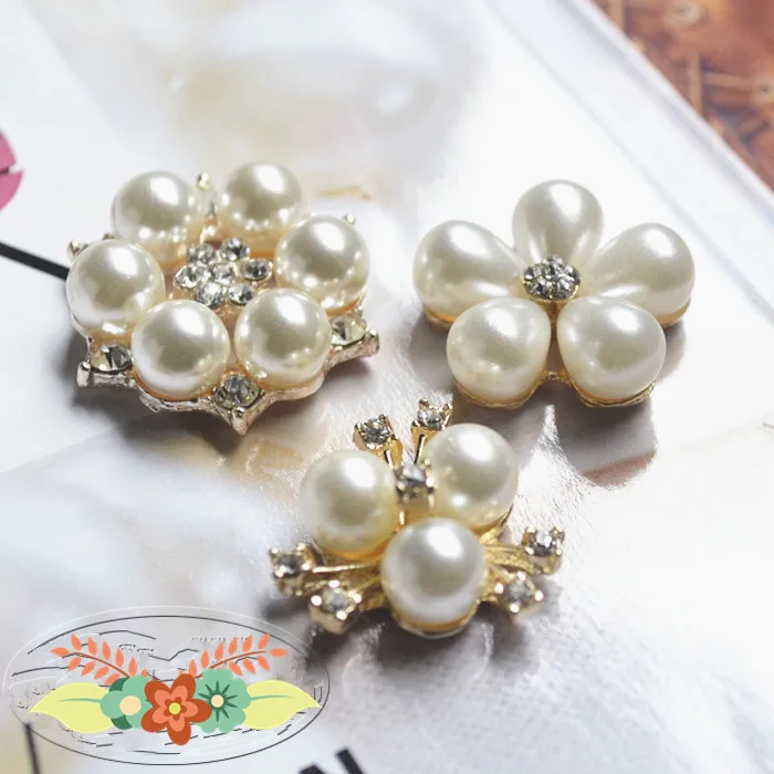 10Pcs Crystal Flower Fuax Pearl Rhinestone Buttons Golden Tone Flatback  Wedding Embellishment Jewelry Craft