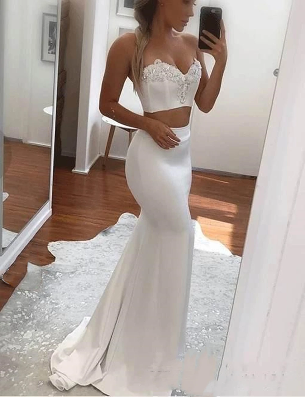 Sexy Sweetheart Mermaid Two Pieces Evening Dresses Sleeveless White Special Occasion Prom Party Dresses Lace Beaded Appliques