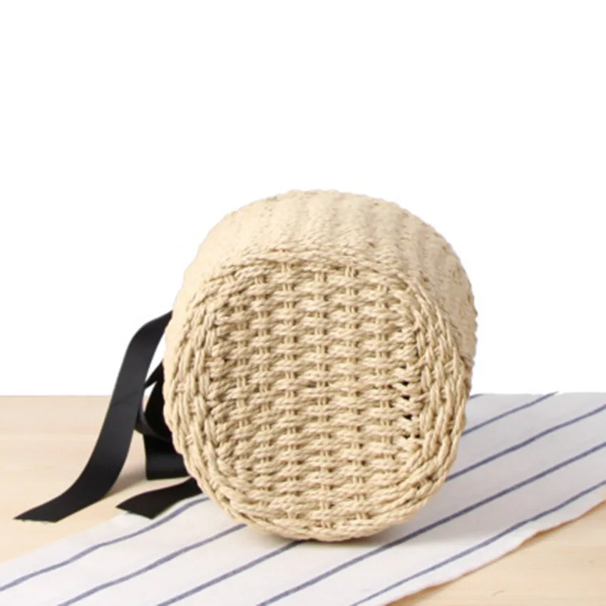 New cylinder hand carry straw bag national wind summer vacation woven bag portable bucket ribbon casual beach bag