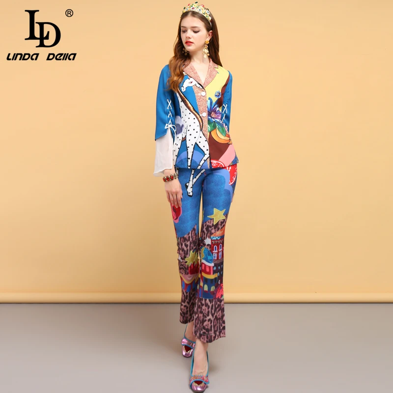 LD LINDA DELLA Fashion Designer Summer Vintage Suits Women\'s Bow Tie Animal Print Shirt and Floral Printed Pants 2 Pieces Set