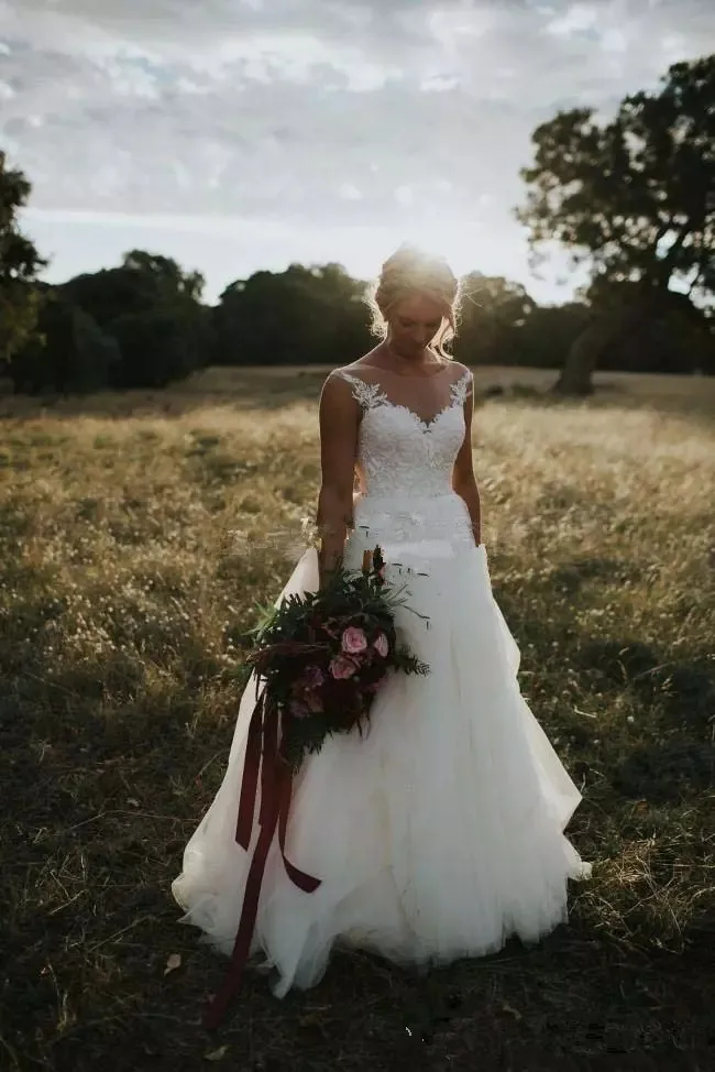 Vestido De novia De encaje transparente, falda De tul con apliques De línea A, longitud hasta el suelo, para playa