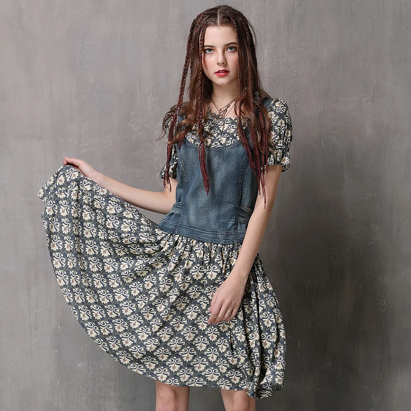 Sommer Kleid 2018 Yuzi. kann Boho Neue Frauen Kleider O-ansatz A-line Kurzarm Denim Patchwork Floral Print Vestidos A82078