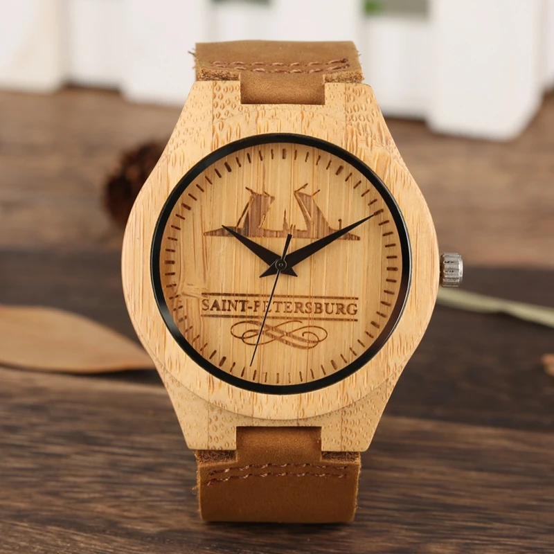 Sports Wooden Watches Men's  Creative Engraving Saint Petersburg Wood Bamboo Quartz Wristwatches Russian Souvenirs for Men Women