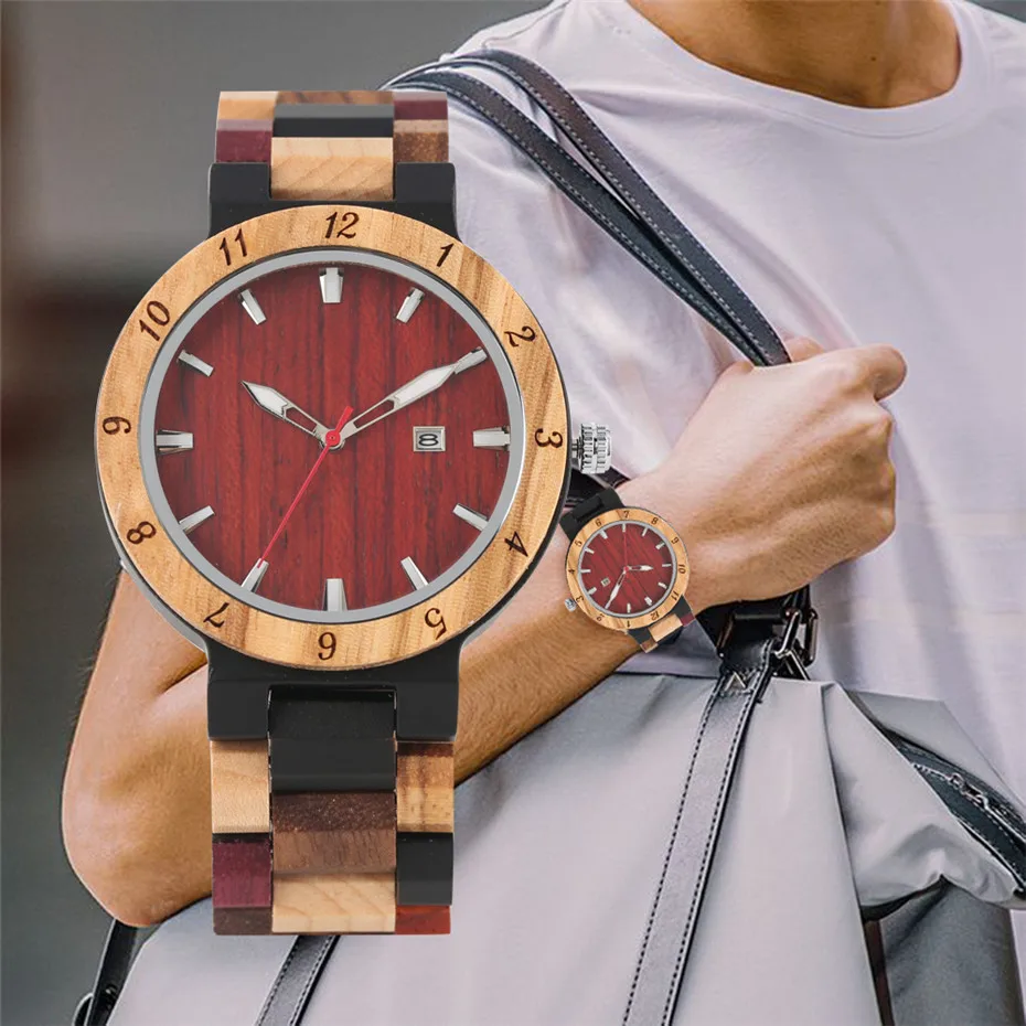 Complete Calendar Display Wood Men Watch Quartz Movement Full Wooden Bangle Men\'s Watches reloj masculino New Arrival 2019