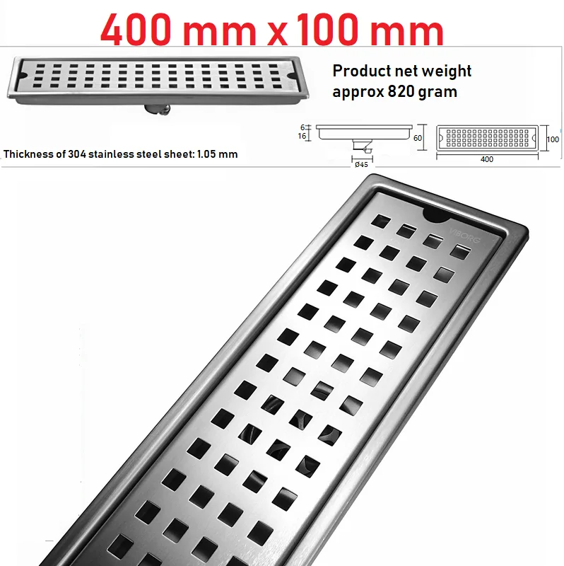 

VIBORG 400mm x 100mm Deluxe 304 Stainless Steel Extra-thick Rectangular Bathroom Shower Linear Floor Drain Stainer Drainage
