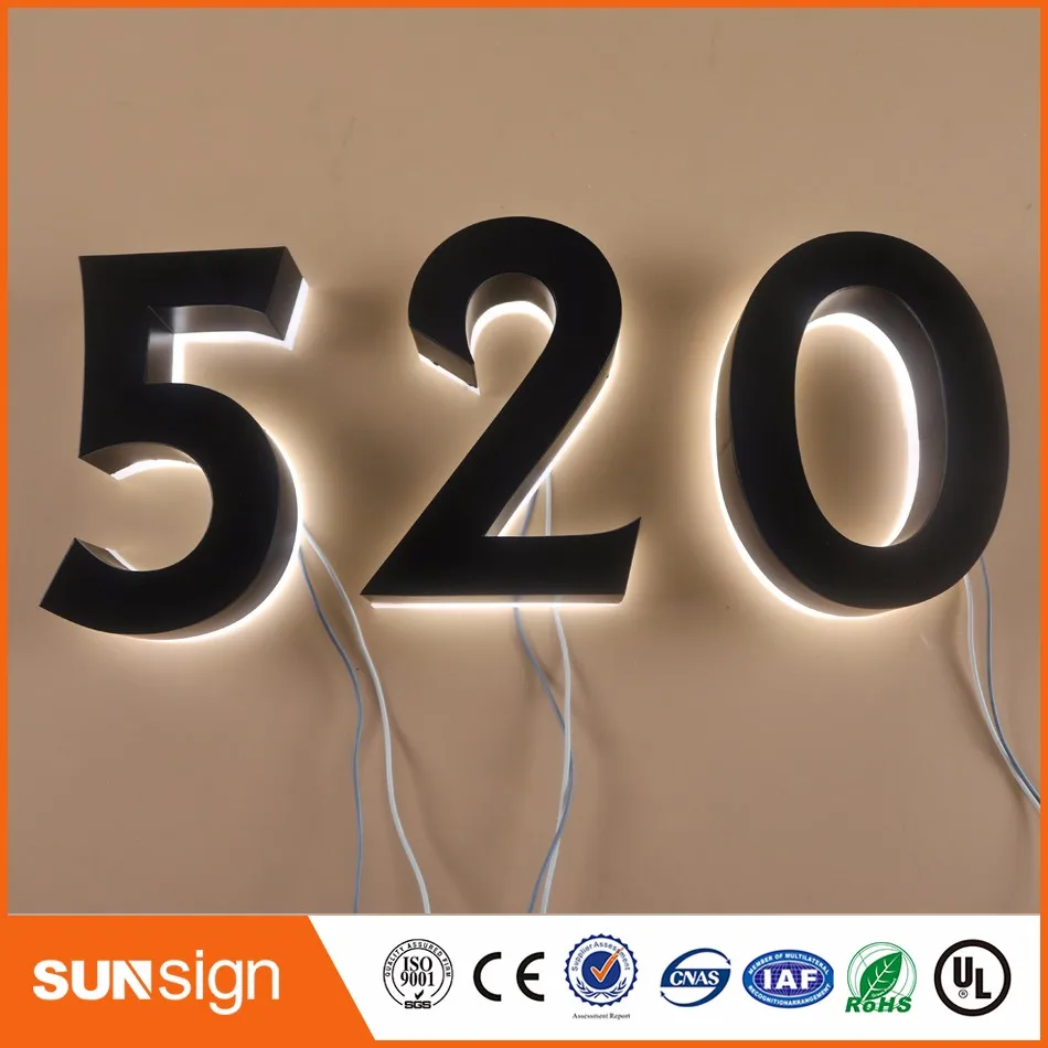 H 25cm salida de fábrica, luz trasera LED de acero inoxidable, número de casa, número de placa de puerta led 3D