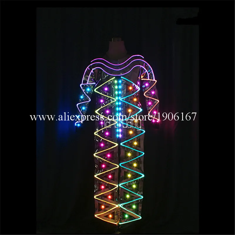 Full Color LED Light Up Optic Fiber Dance Costumes RGB Led Luminous Glowing Team Performance Clothes Led Robot Suit Jumpsuits