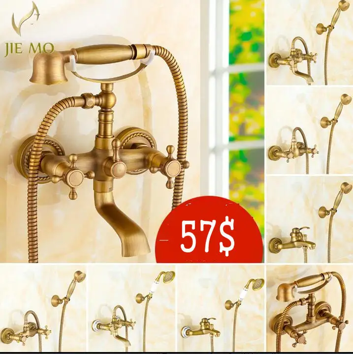 

Antique copper shower head set simple bathroom sprinkler hanging wall bath tub faucet hot and cold water mixing valve