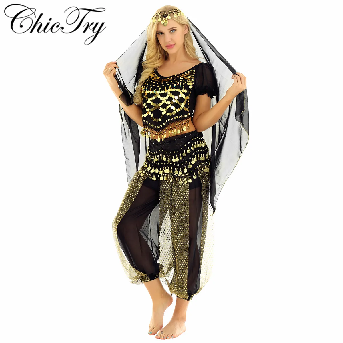 

Women Girls Dance Halloween Carnival India Dance Costume Set Outfit Set Crop Top with Harem Pants Hip Scarf and Head Scarf Suit