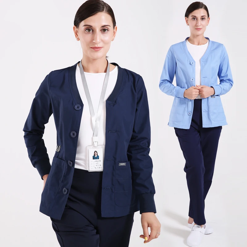 Warm Ups Jacket Nurse Tops Stretch Button Front Scrub Jackets Nurse Coat Warm Up Scrub Top Long Sleeve Workwear Tunic