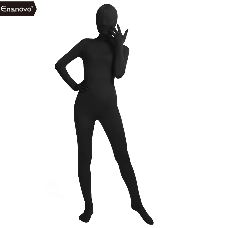 Ensnovo Đen Zentai Phù Hợp Với Spandex Nylon Một Mảnh Toàn Thân Phù Hợp Với Zentai Trang Phục Nữ Dài Tay Unitard Cosplay Halloween