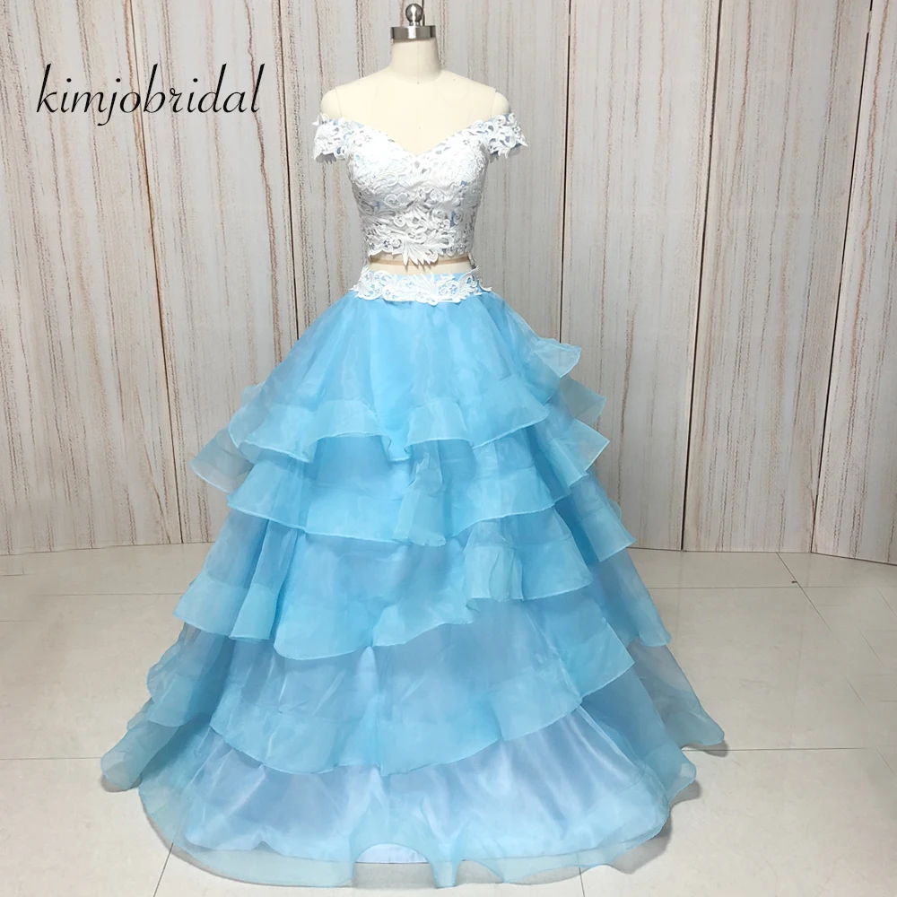 Vestidos de noche con cuello en v, Apliques de encaje, volantes, organza, escalonados, longitud hasta el suelo, vestidos de graduación, azul, 2018