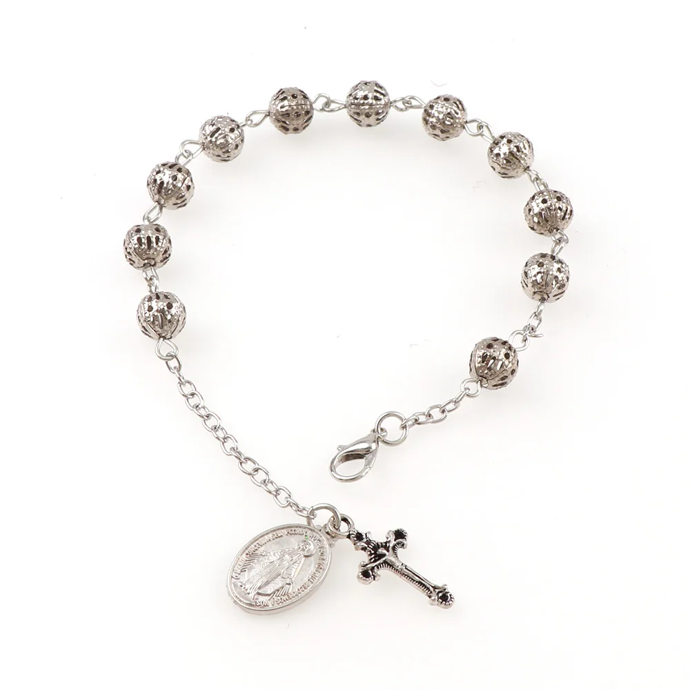 6mm Holle Rozenkrans Katholischen Religiöse Rosenkranz Jesus Charme Armbänder Hohl Perle Rose Armband Mit Charms Kreuz Katholischen