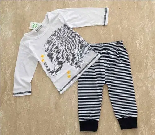 2023 Spring Autumn Babe Boys Girl Clothing Sets Long Sleeved Cotton Elephant T-shirt Striped Pants Baby Boy Clothes Set