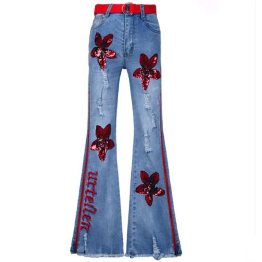 

high waist wide leg jeans with stripe 2021 women baggy denim pants mujer sequined red floral tassel fringe side zipper jeans