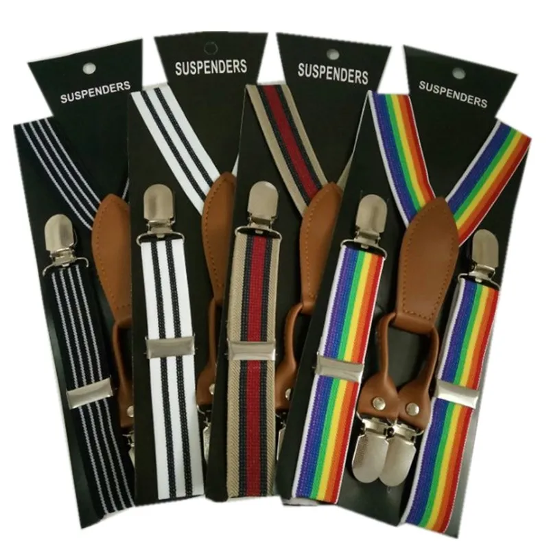 

BD048-S Fashion kids striped suspenders High quality leather 4 clips-on braces for 2-8 years children Christmas gift