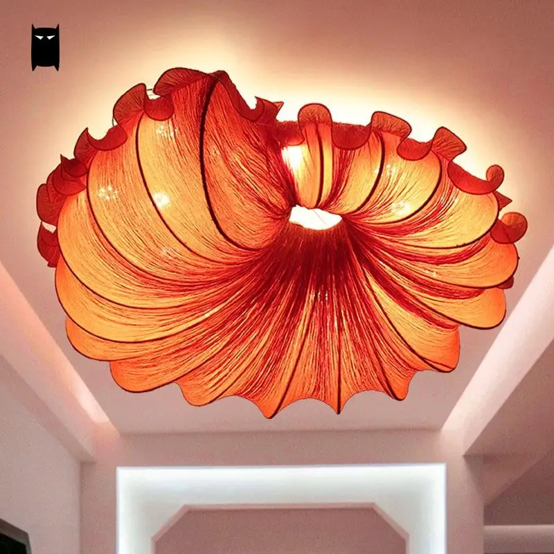 Red Orange Coffee Fabric Flower Shade Ceiling Light Fixture Chinese Romantic Art Decoration Plafon Lamp Lustre Bedroom Designer