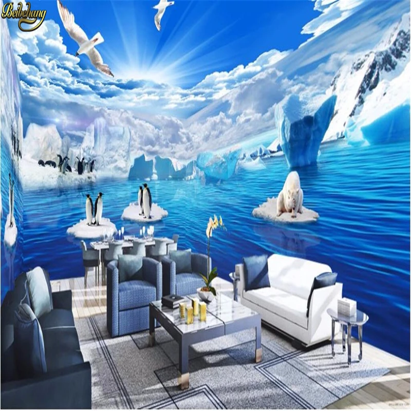 beibehang Custom Photo Wallpaper  Sticker 3D Fantasy Polar Polar Ocean Penguin Polar Bear Theme Pavilion papel de parede