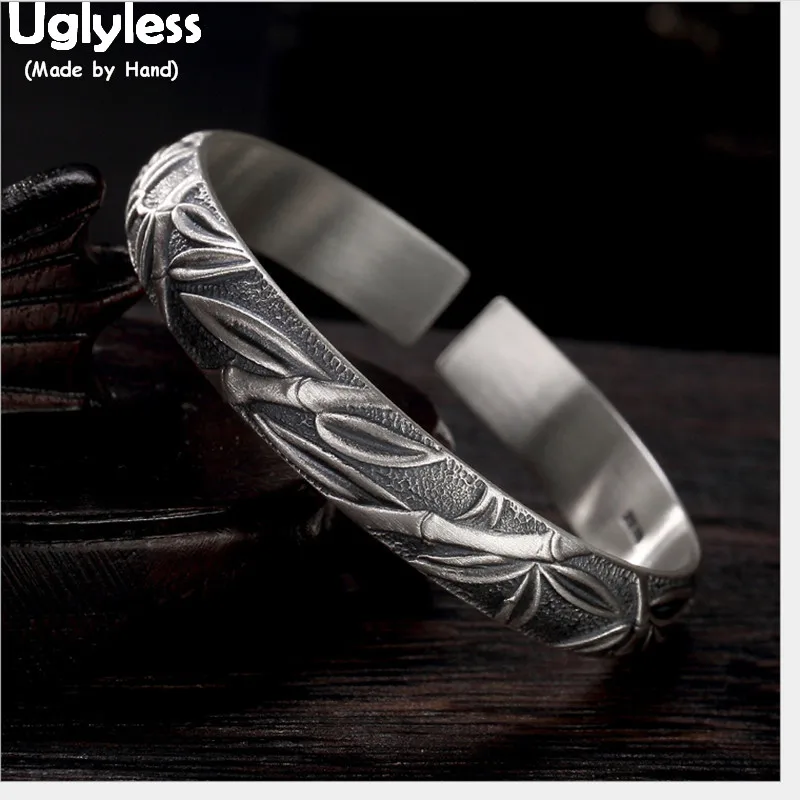 

Uglyless 100% Real Solid 999 Fine Silver Bamboo Bangles for Women Panda's Favorite Bamboo Leaf Wide Bangle Thai Silver Bracelets