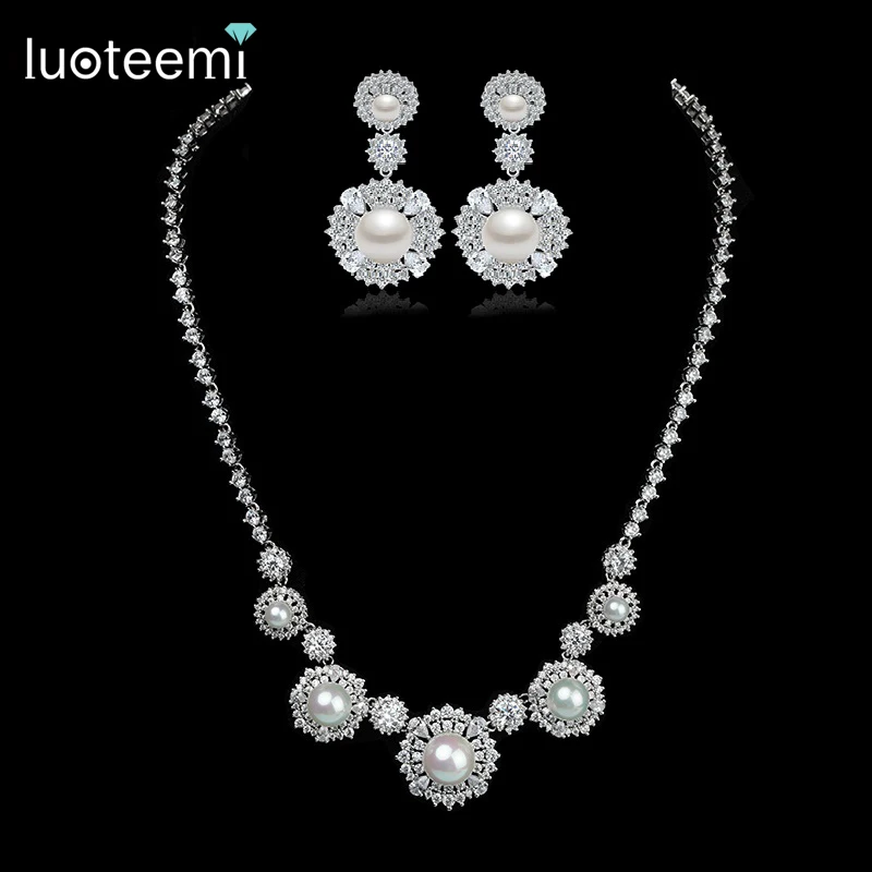 luoteemi novidades atacado luxo cubic zirconia nupcial evening festa de casamento branco imitacao de perolas conjuntos de joias de fantasia para as mulheres 01