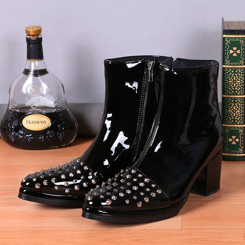 Men Ankle Boots High Heel 8CM Height Increasing Studded Cowboy Boots Patent Leather Pointy Military Black Work Boots