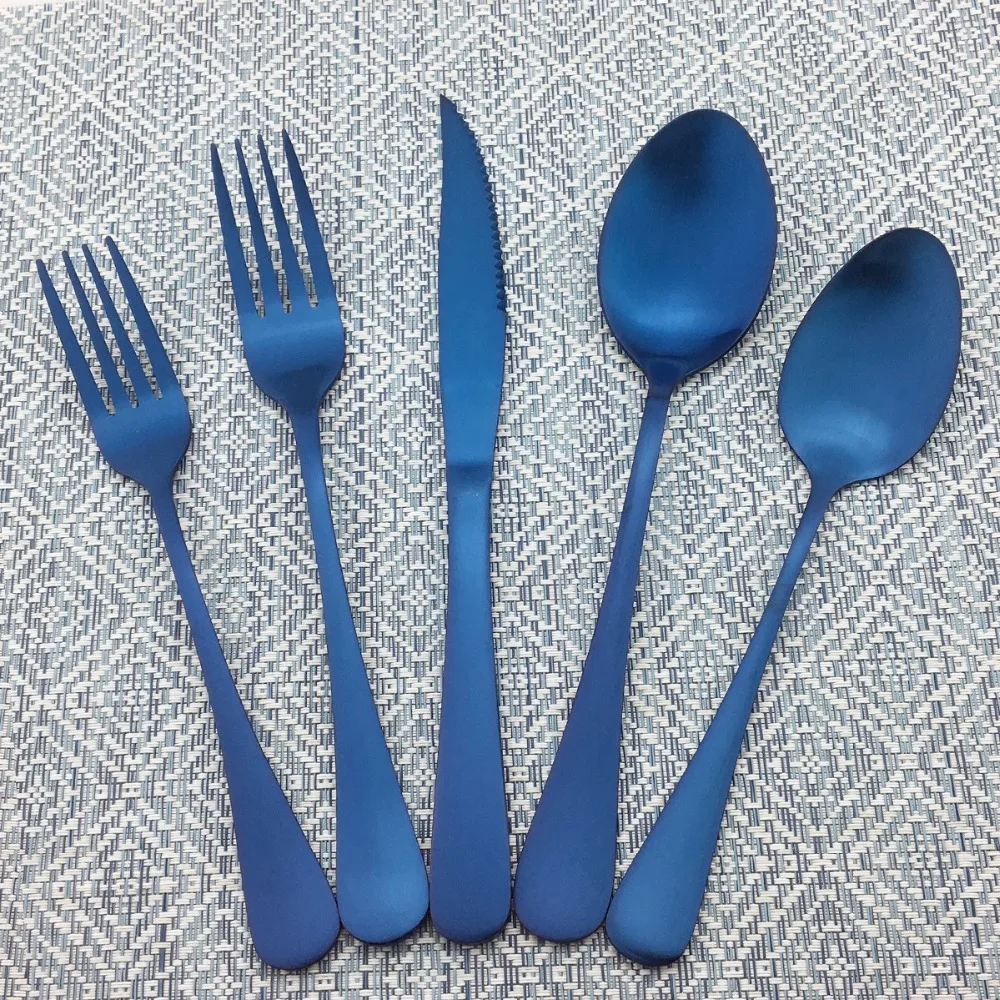 5Pcs Royal Matte Blue Cutlery Set Stainless Steel Dinnerware Set Kitchen Tableware Steak Knife Scoop Serving Fork Service for 1