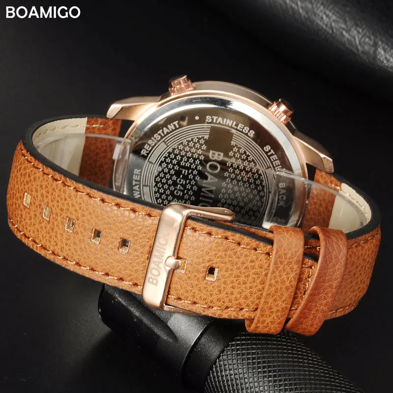 Men Quartz Watches 3 time zone Watch BOAMIGO LED Digital Sports Watches Male Leather wristwatches Man Clock Relogio Masculino