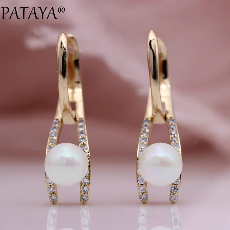 PATAYA New Fine Turkish Blue Shell Pearls Drop Earrings 585 Rose Gold Color Fashion Jewelry White Round Natural Zircon Earrings